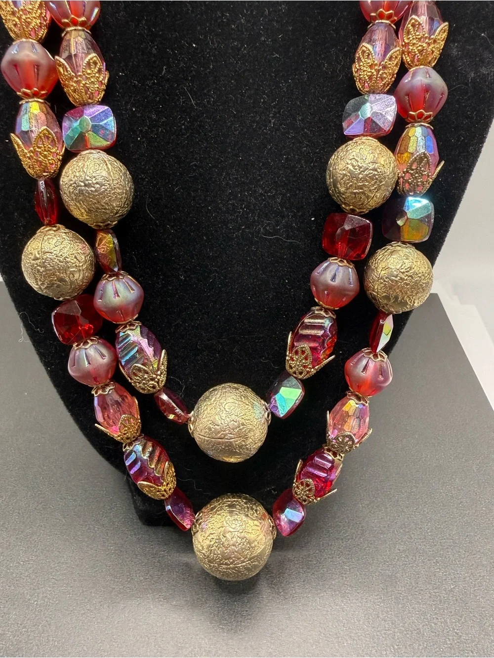 Vintage Signed Hobe Red Aurora Borealis Bead Necklace 18” + Extender